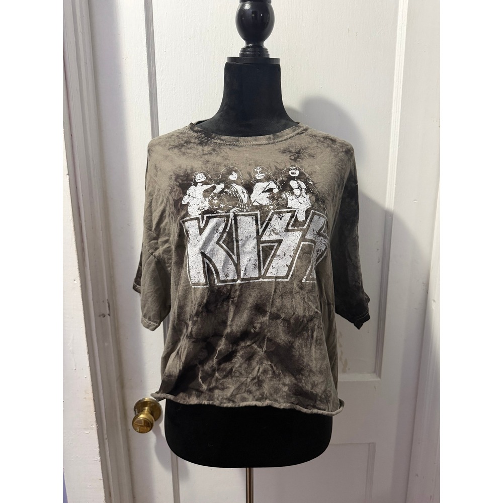 KISS Tie Dye Cropped Short Sleeve Graphic Tee XL Gray Black Rock Band Shirt